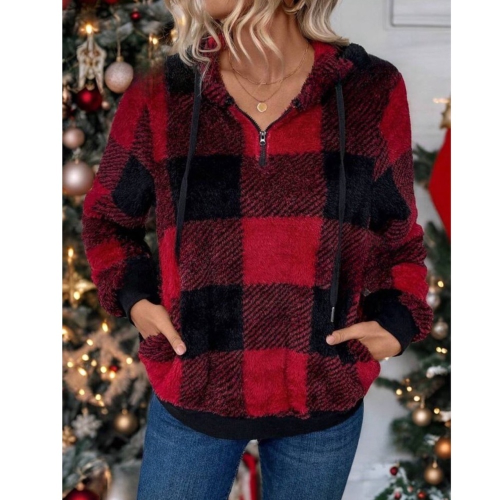 Red Plaid Super Soft Quarter Zip Long Sleeve Hooded Sweatshirt